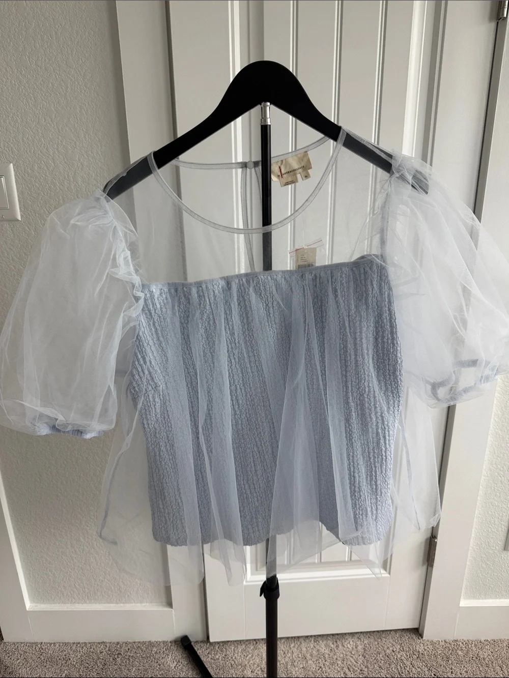 Anthropologie Sheer Puff-Sleeve White Mesh Top